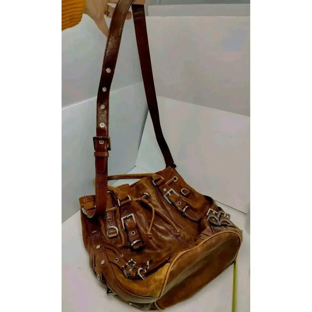 Michael Kors Leather Tote Hobo Shoulder Bag Distressed Look Large Bucket Buckle